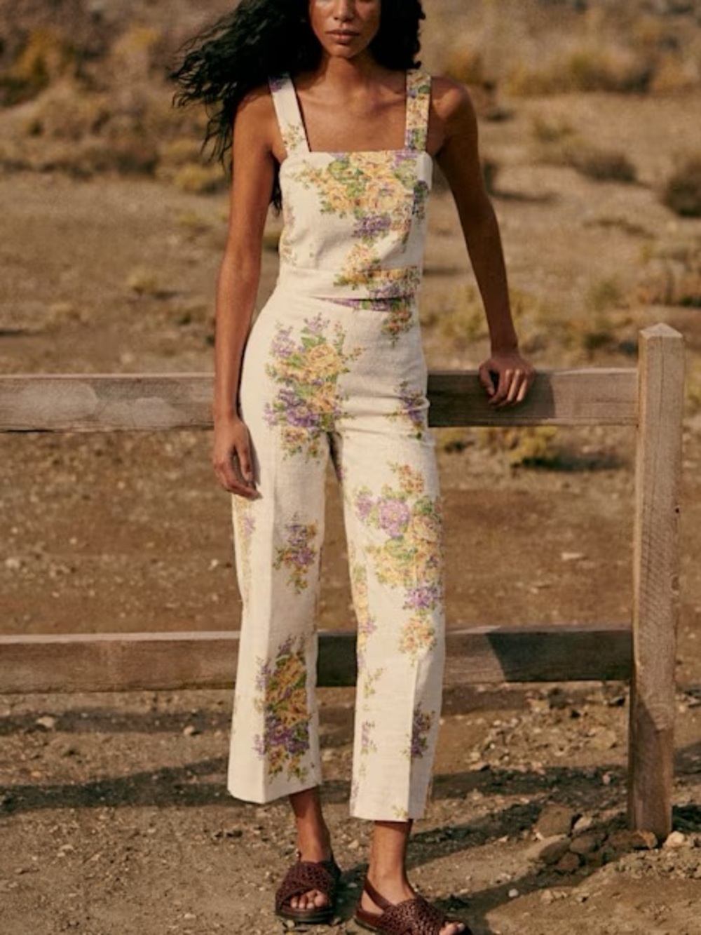 Sezane Cream Floral Square-Neck Jumpsuit with Yellow & Lavender Flowers